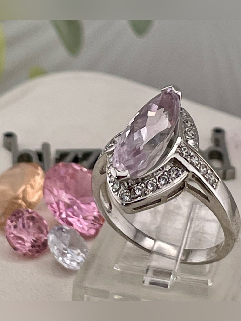 5ct Kunzite Sapphire ring 14k white Gold over 925 sterling silver.